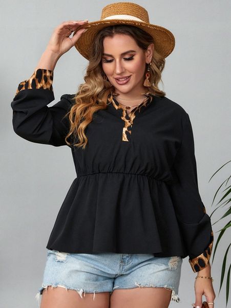 

plus contrast leopard trim roll-up sleeve peplum blouse n58m#, Black