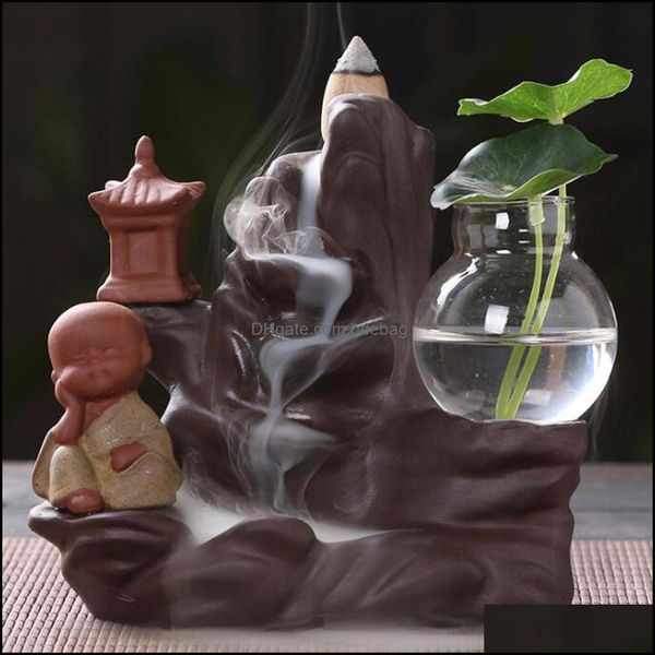 ROBLOFLOFFLOW INCENSOR DO BURNER CERAMIC Little Monk Small Buddha Cachoeira Cenário Sandalwood Censer Creldives Home Decor com 10 cones Drop Delivery