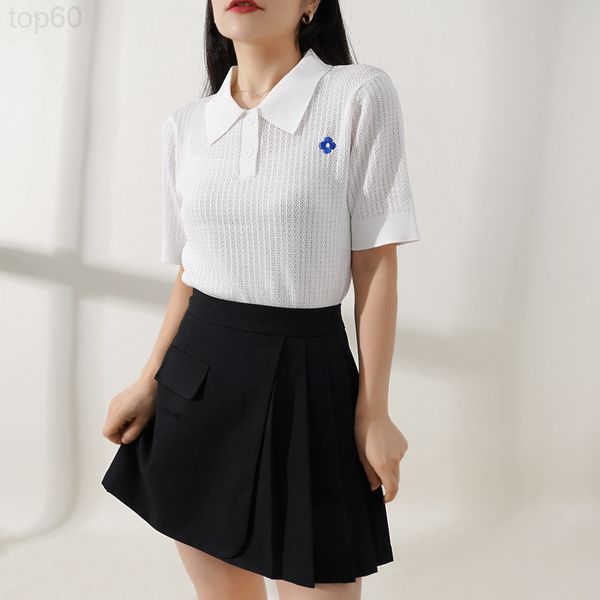 

women's sweaters designer []summer new polo collar short sleeved sweater slim embroidered floret women z83h, White;black
