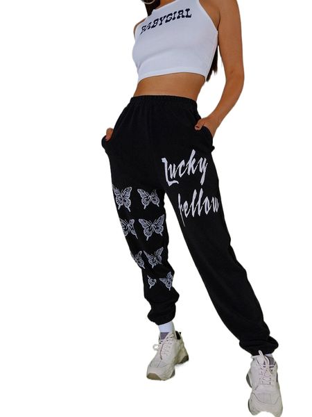 

slogan & butterfly graphic sweatpants 45x4#, Black;white
