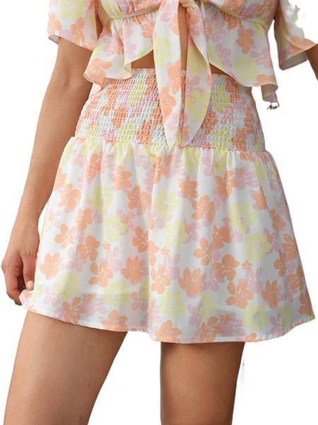 

allover floral print shirred waist skirt n1hw#, Black
