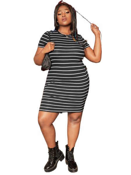 

x agata plus striped bodycon dress v2af#, Black