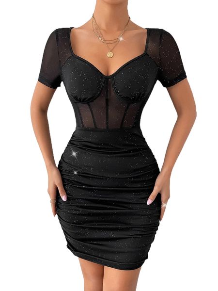 

s.weetheart neck r.uched c.ontrast .esh b.odycon d.ress h2dc#, Black;gray