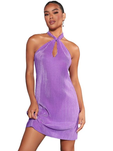 

cut out plisse tie backless halter dress q7gr#, Black;gray