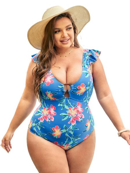 

plus floral ring linked ruffle trim one piece swimsuit 21wb#, White;black