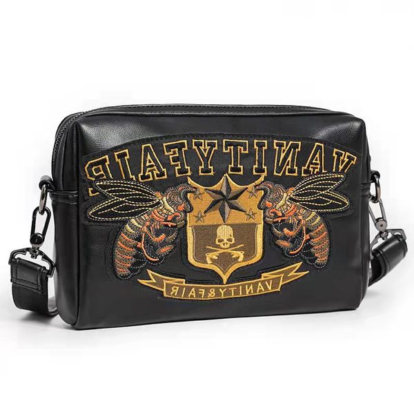 Schultertaschen aus weichem Leder, Umhängetasche für Herren, Designer-Cross-Body-Stickerei, Totenkopf-Wespenmuster, abnehmbarer Schultergurt, luxuriöse Herren-Geldbörse HBP