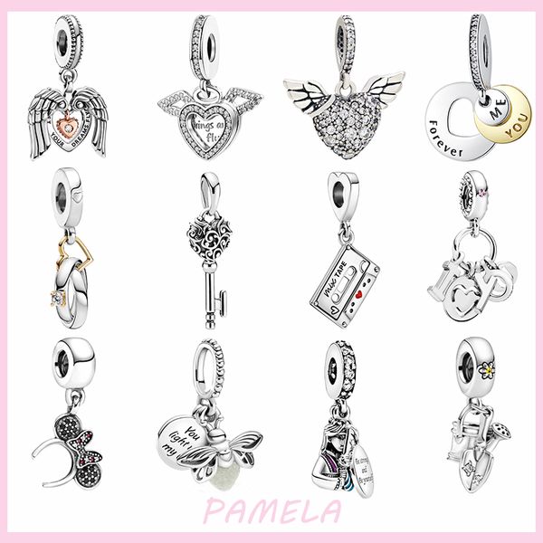 

925 silver angel heart shape charms bow tie key beads diy for fit pandora bracelet jewelry for, Black