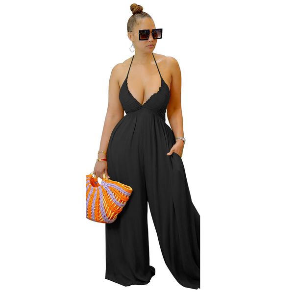 

women jumpsuit loose summer one piece halter v neck backless wide leg jumpsuit boho beach party rompers, Black;white