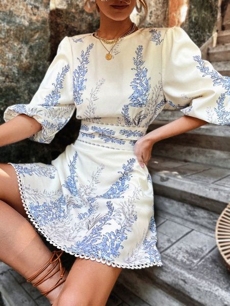 

plant print cut out tie back lantern sleeve dress 34ow#, Black;gray