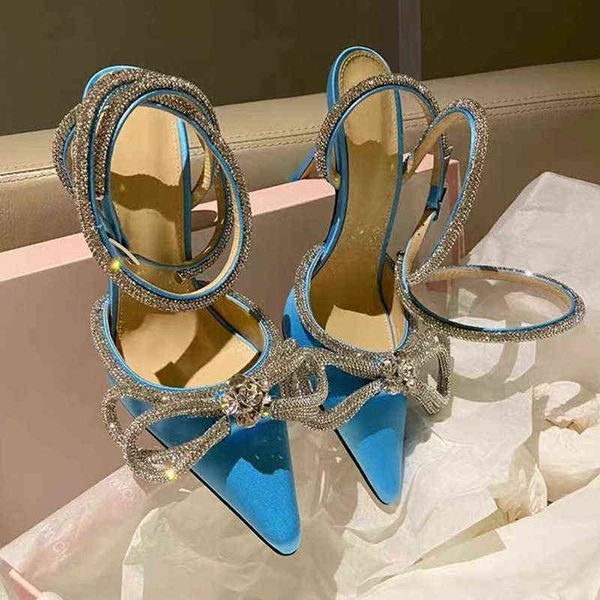 

women's high heels fashion bow rhinestone pointed toe satin sandals strappy stiletto zapatos de mujer 220520, Black