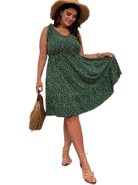 

plus ditsy floral print tie shoulder dress t5gs#, Black
