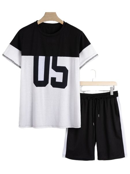 

men number print color block tee & contrast side seam drawstring shorts c4ve#, Gray