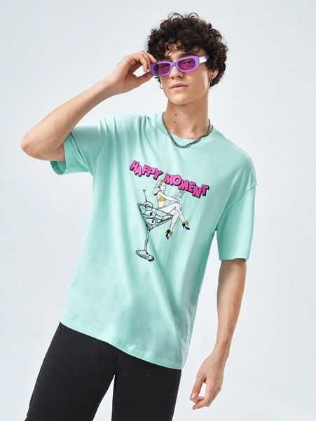 

1pc drop shoulder figure & letter graphic tee m2mf#, White;black