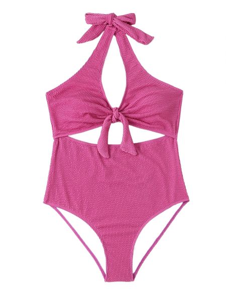 

plus knot front cut out halter one piece swimsuit t80s#, White;black