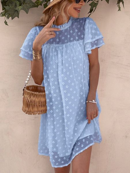 

swiss dot butterfly sleeve frill neck chiffon dress z7so#, Black;gray