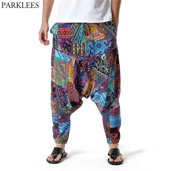 

men's african print harem baggy genie boho pants casual cotton yoga drop crotch joggers sweatpants hip hop traditional trousers 220325, Black