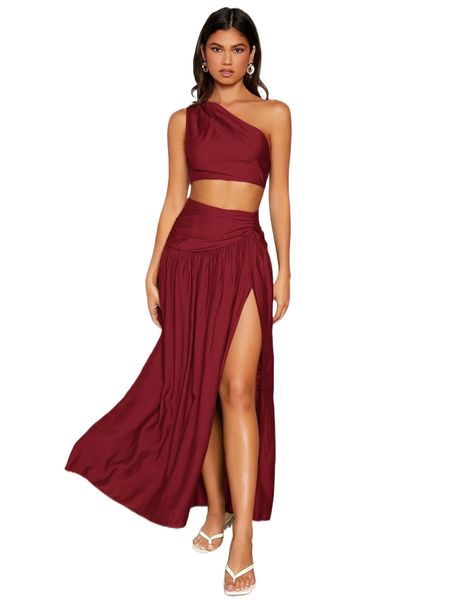 

one shoulder crop & ruched slit skirt e6lt#, White