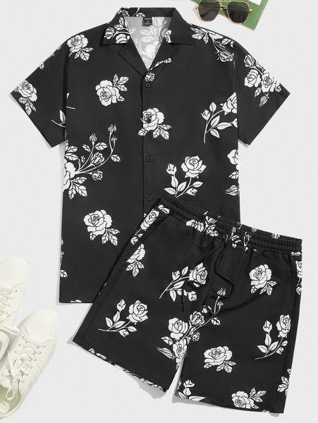 

men floral button up shirt & drawstring shorts y50z#, Gray