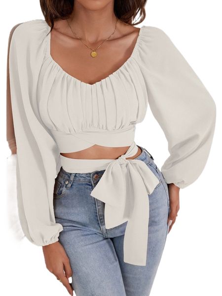 

ruched bust lantern sleeve knot front crop blouse s96r#, White