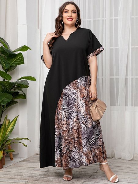 

plus tropical & snakeskin print notched neckline dress j6pf#, Black