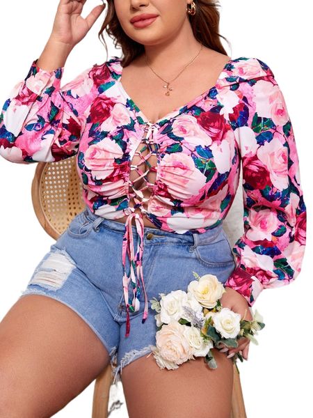 

plus floral print lace up front bishop sleeve shirred crop blouse x9yk#, Black