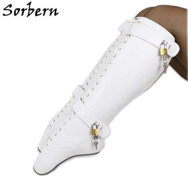 Sorbern Lockable Heelless Lace Up MED Bezerro Botas Mulheres Ballet Heels Fetish Boots 4 Cadeado Branco Matte Costume Cores Grande Tamanho