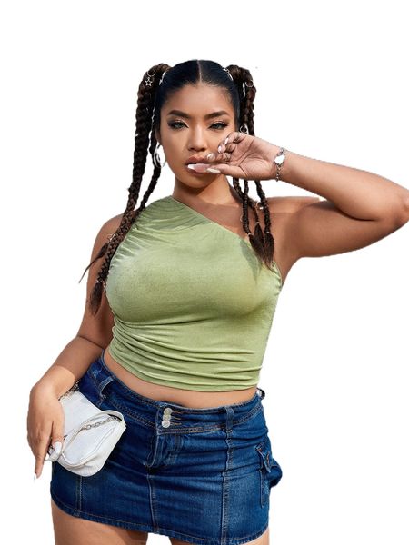 

plus one shoulder ruched solid c2a9#, Black