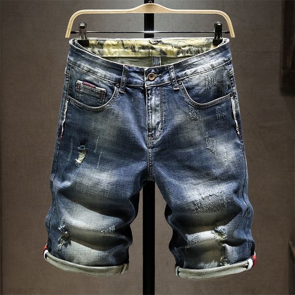 Homens de verão rasgou shorts de jeans hole casual moda reta vintage bleach street motocicleta jeans curto bermuda 220627