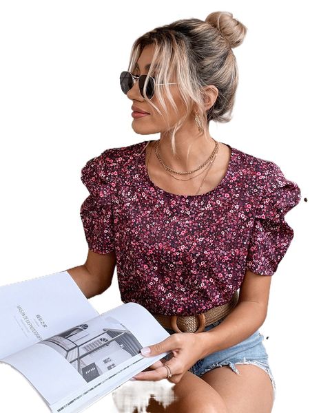 

ditsy floral print puff sleeve i23f#, White