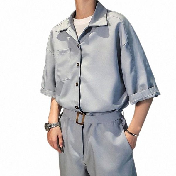

men's tracksuits fashion mens jumpsuit rompers pockets half sleeve belt pants harajuku playsuit men cargo overalls streetwear clothes u, Gray