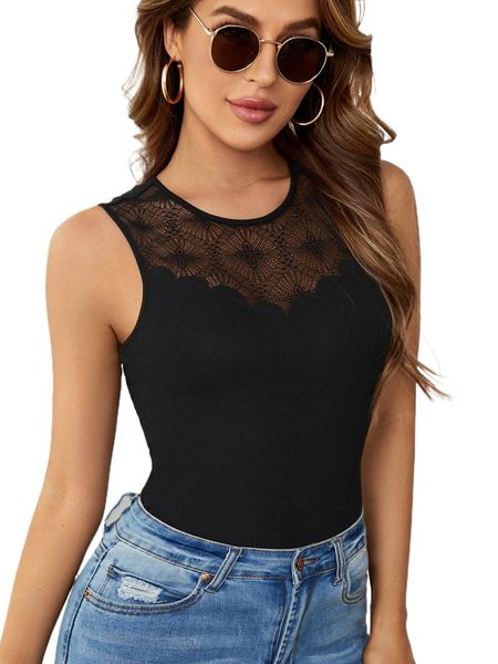 

contrast lace ribbed knit tank x8ia#, White