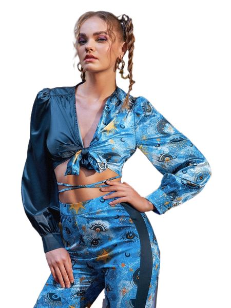 

x larissa torres figure & moon print knot front satin crop w3cx#, White