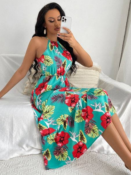 

floral print tie back ruffle hem dress v7uf#, Black;gray