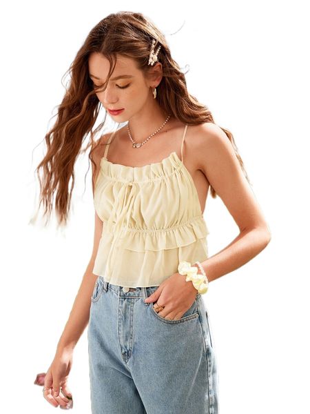 

tie front ruffle trim crisscross backless knot cami v5wo#, White
