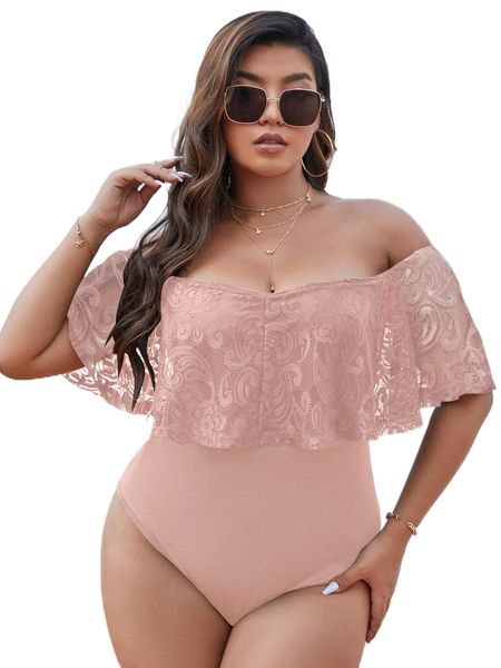 

plus contrast lace ruffle trim off the shoulder bodysuit 678h#, Black