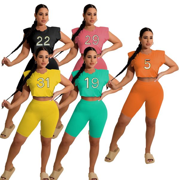 Roupas femininas verão fatos de treino bordado números sem mangas pulôver t camisas calças curtas conjunto de duas peças calções casuais define roupas esportivas 7485