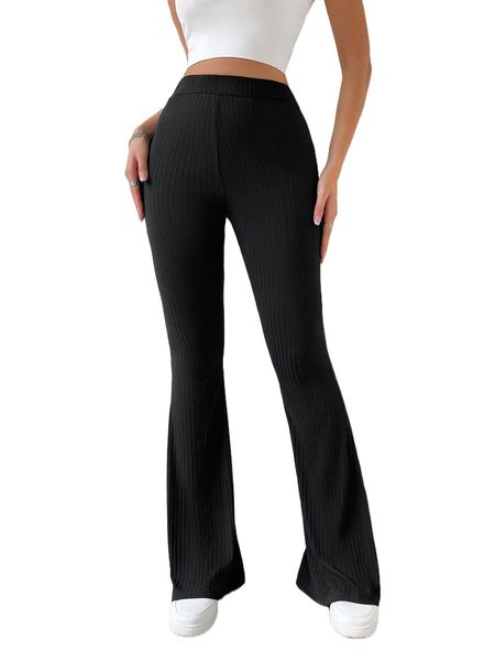 

ribbed knit flare leg pants q6a8#, Black;white