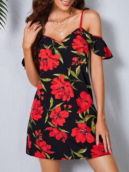 

floral print cold shoulder dress m6r1#, Black;gray