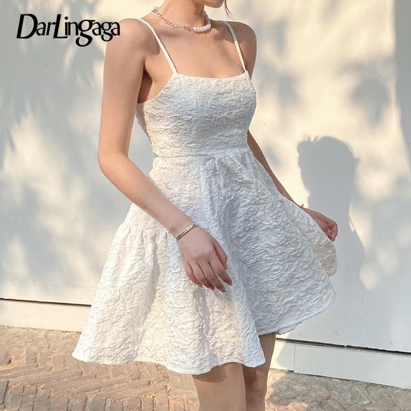 

darlingaga fashion chic strap white jacquard party dress female backless lace up elegant high waist pleated dress mini 2022, Black;gray