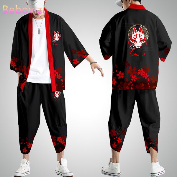 

plus size xs-6xl black printing japanese style fashion kimono and pant set men women cardigan blouse haori obi asian clothes, Red