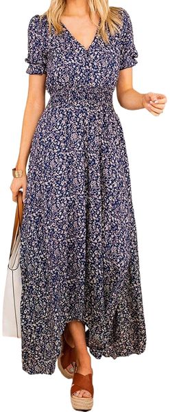 

womens summer bohemian floral maxi dresses loose casual boho printed maxi dress beach party dress v1ch#, Black;gray
