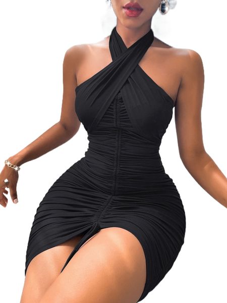 

sxy ruched drawstring front backless halter neck bodycon dress y5il#, Black;gray