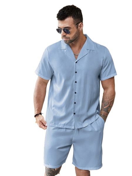 

extended sizes men lapel collar button up shirt with shorts b0wu#, Gray