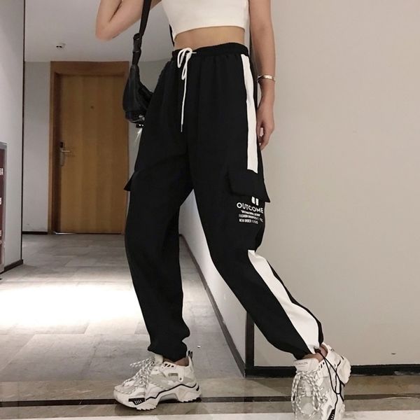 

big pockets cargo pant high waist loose streetwear pants baggy tactical trouser hip hop joggers pants y200113, Black;white