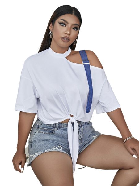 

plus solid cut out drop shoulder knot hem tee r6xy#, Black