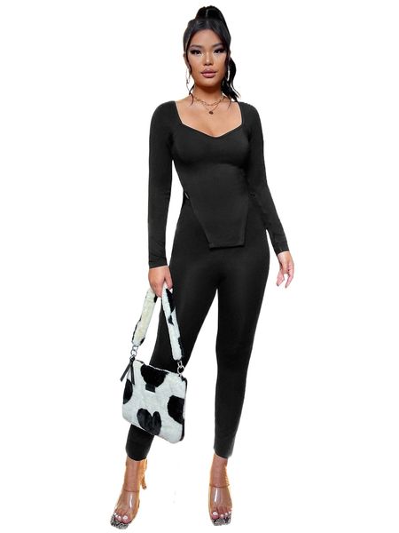 

sweetheart neck asymmetrical hem tee & leggings 32sn#, White