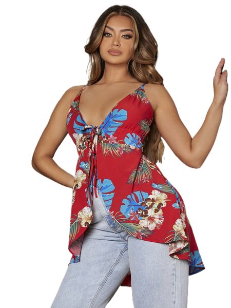 

tropical print tie front cami r90a#, White
