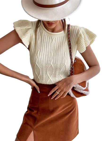 

ruffle sleeve cable knit z96o#, White;black