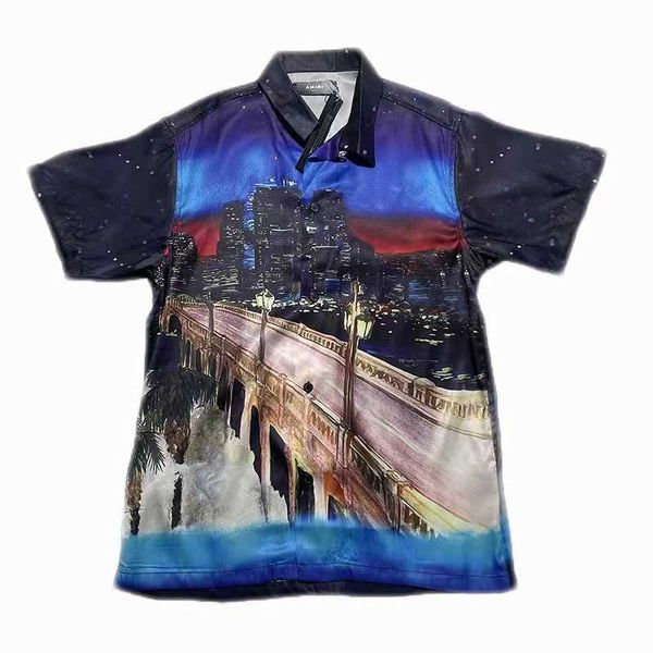 

designer miri 22ss city night view neon city night bridge metropolis short sleeve shirt men and women lovers europe and america, White;black