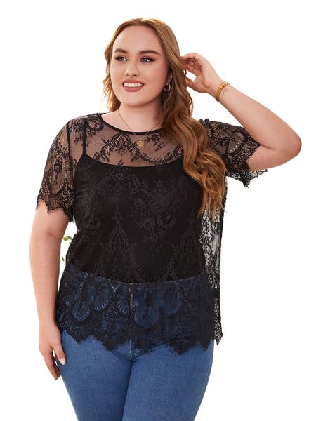 

emery rose plus eyelash trim sheer lace without camisole z2mf#, Black